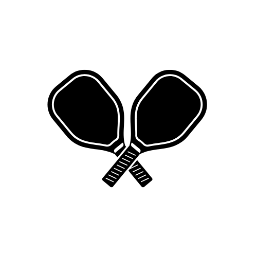 An icon of wo pickleball paddles crossed at the handles, on a white circle background