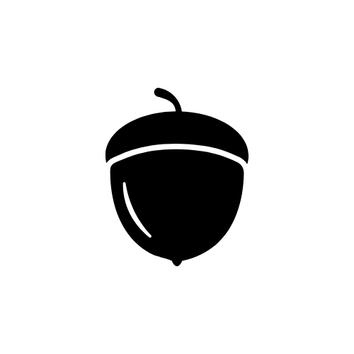 A black acorn icon on a white circle background