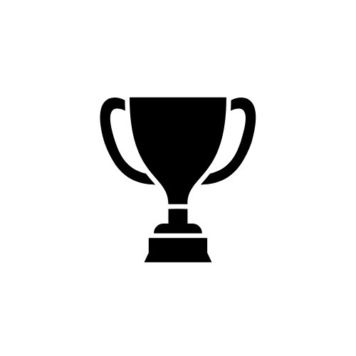 A black trophy icon on a white circle background